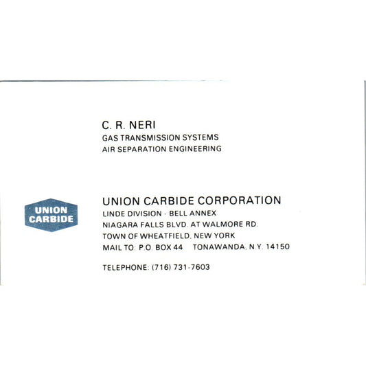 C.R. Neri Union Carbide Corp Wheatfield NY Vintage Business Card SE3-B10