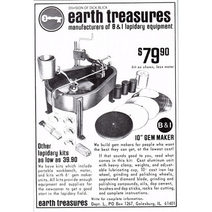 Earth Treasures Lapidary Equipment Galesburg IL 1972 Ad AF8-2