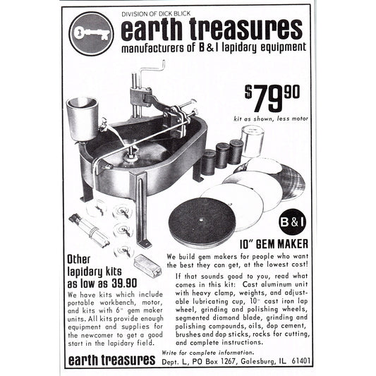 Earth Treasures Lapidary Equipment Galesburg IL 1972 Ad AF8-2