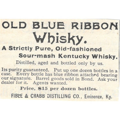 Old Blue Ribbon Whiskey Fible & Crabb Eminence KY 1893 Judge Magazine Ad AB9-SB