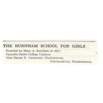 Burnham School For Girls Northampton MA Miss Helen E. Thompson c1920 Ad AG4-S6