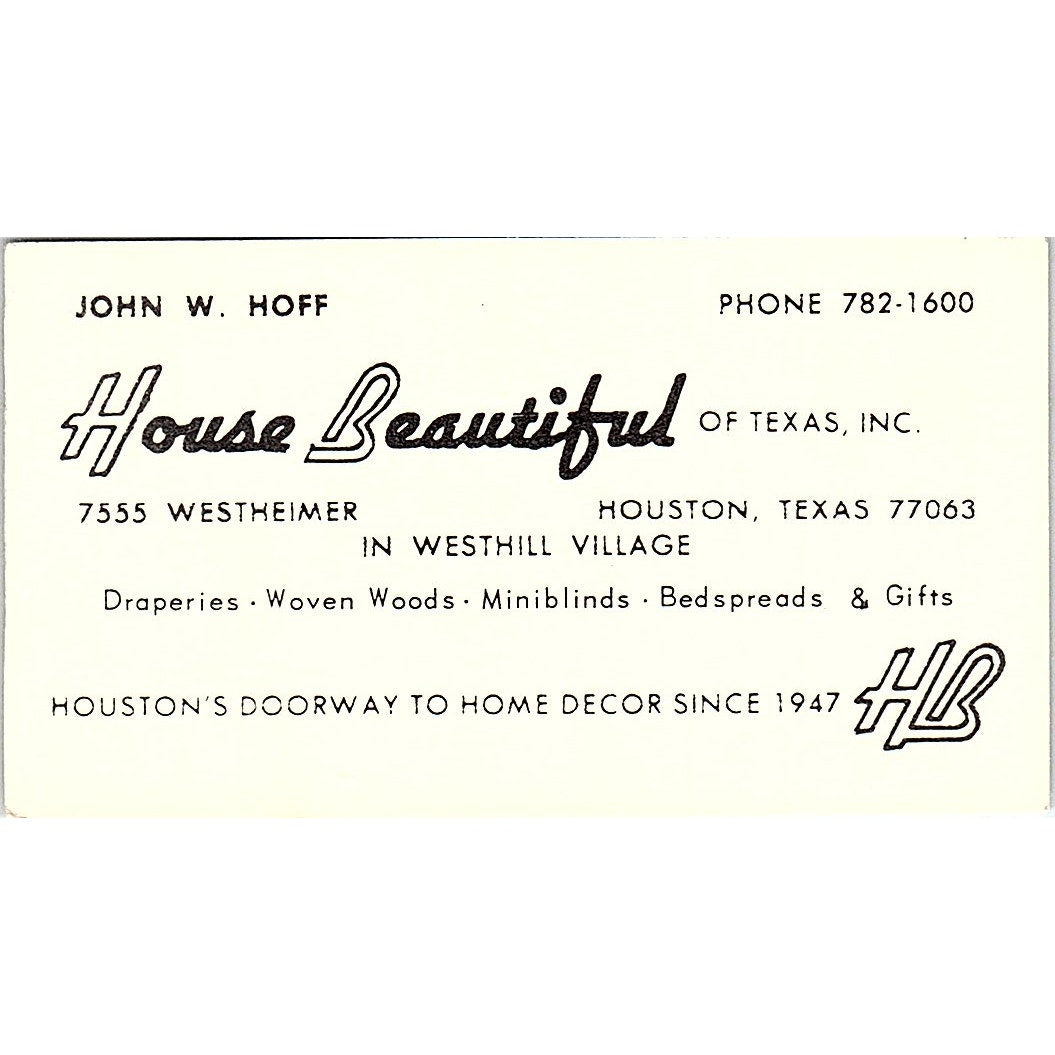 House Beautiful John W Hoff Houston Texas Vintage Business Card SF3-B6
