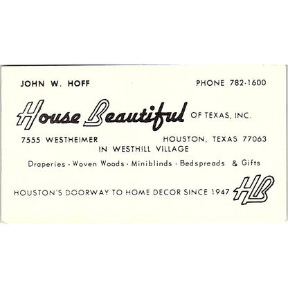 House Beautiful John W Hoff Houston Texas Vintage Business Card SF3-B6