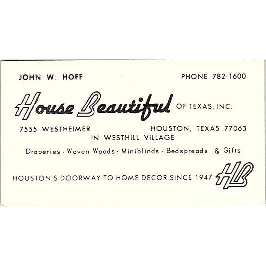 House Beautiful John W Hoff Houston Texas Vintage Business Card SF3-B6