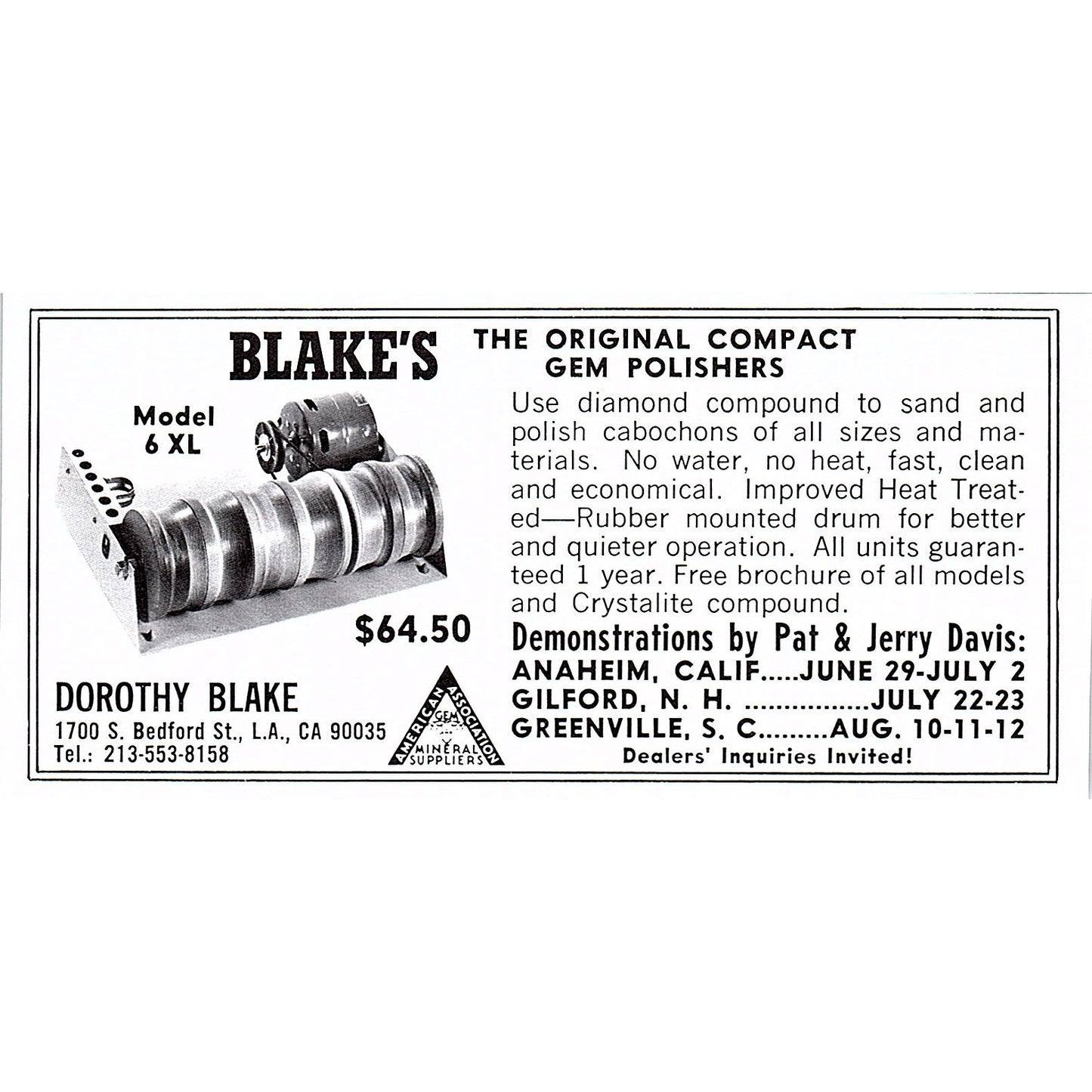 Dorothy Blake Compact Gem Polishers Los Angeles CA 1972 Ad AF8-M4