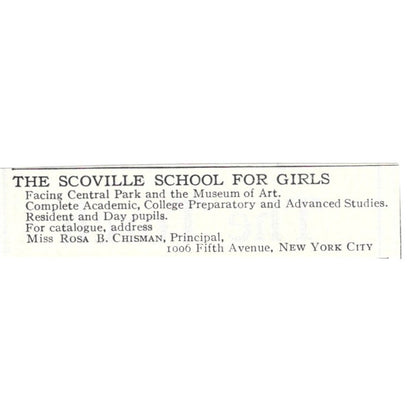 Scoville Girls School Rosa B Chisman Central Park NY 1924 Magazine Ad AD8-O7