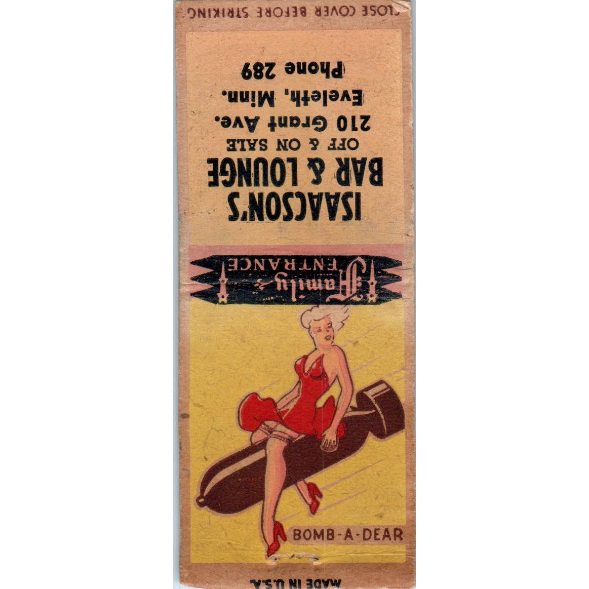 Isaacson's Bar & Lounge Eveleth MN Pinup Bomb-A-Dear Vtg Matchbook Cover SF4-Y2