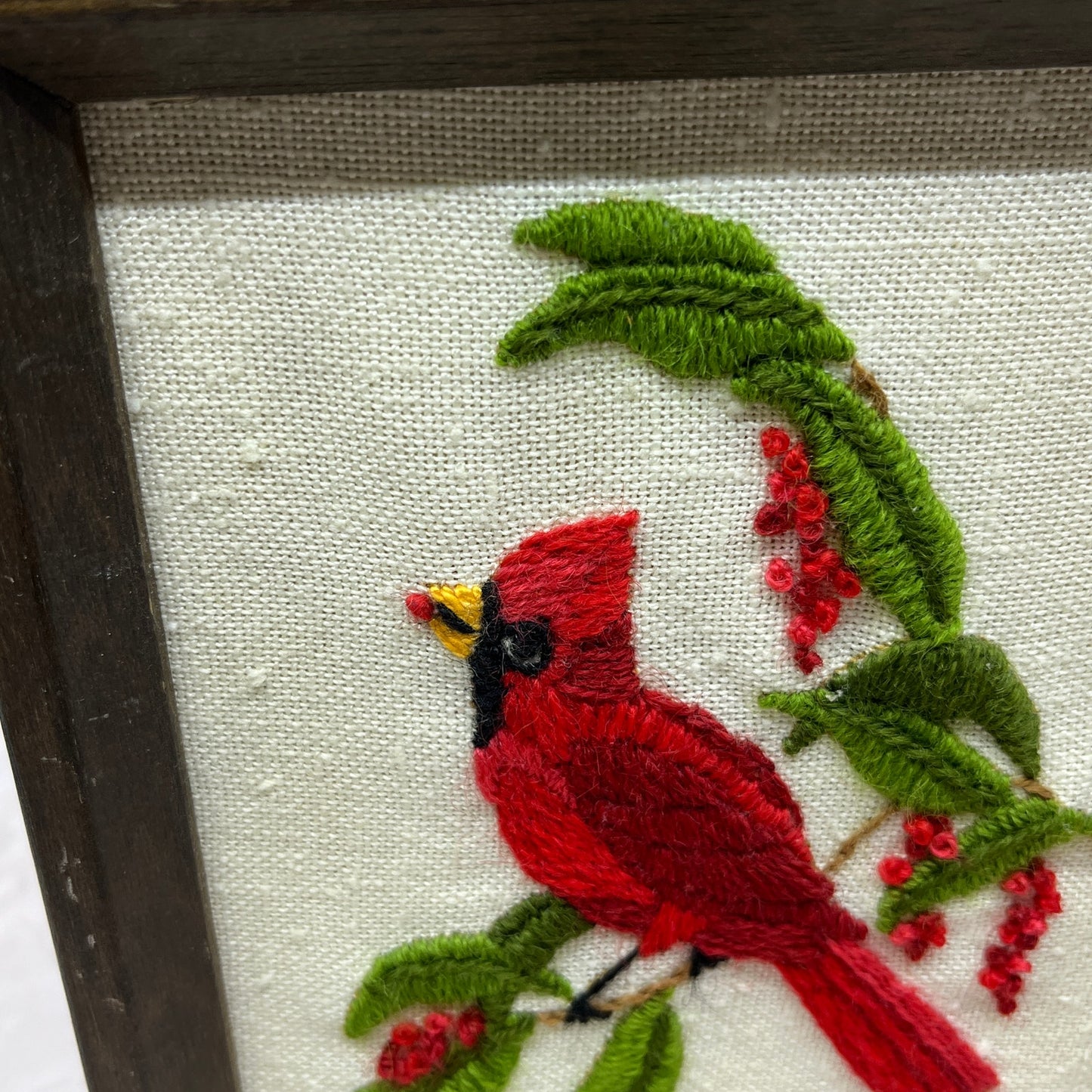 Vintage Red Cardinal Bird Mid Century Embroidery Handmade Wall Art 6x8" Ti5