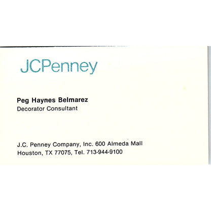 Peg Haynes Belmarez JC Penny Houston Vintage Business Card SD9-B14