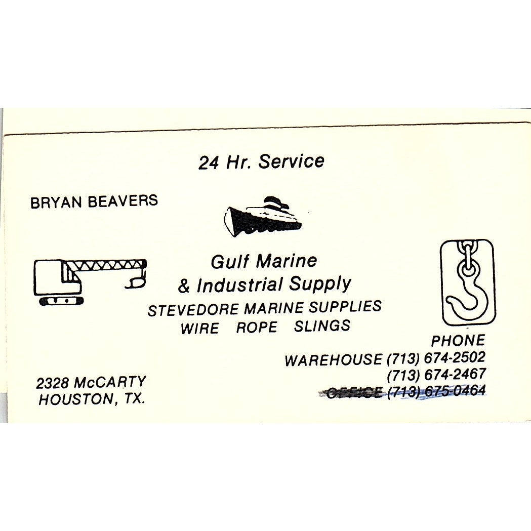 Bryan Beavers Gulf Marine & Industrial Supply Houston Vtg Business Card SC9-B4