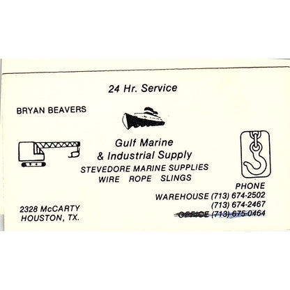 Bryan Beavers Gulf Marine & Industrial Supply Houston Vtg Business Card SC9-B4
