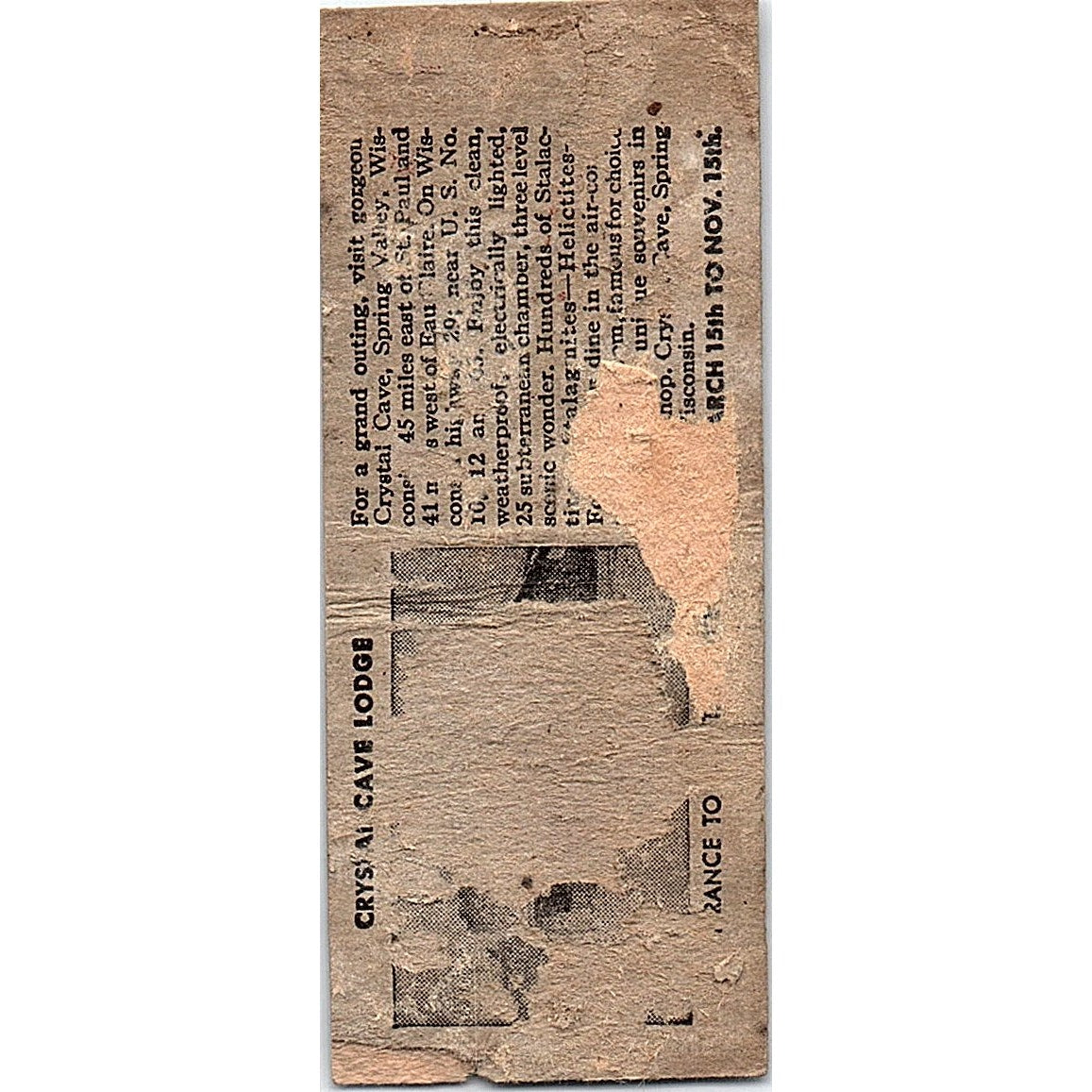 Crystal Cave Spring Valley WI Vintage Matchbook Cover SF3-Y3