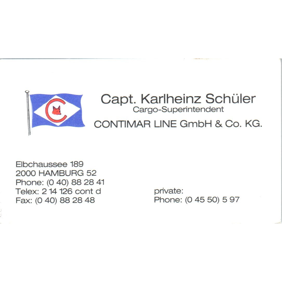 Capt. Karlheinz Schüler Contimar Line Hamburg Vintage Business Card SD8-B21