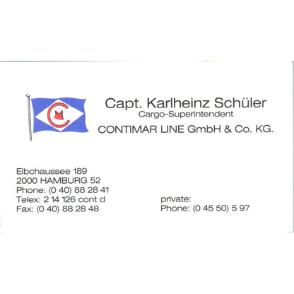 Capt. Karlheinz Schüler Contimar Line Hamburg Vintage Business Card SD8-B21