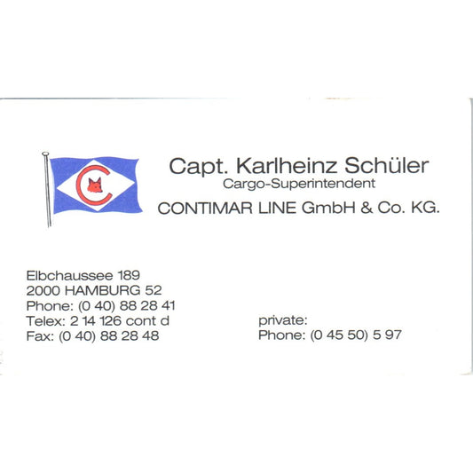 Capt. Karlheinz Schüler Contimar Line Hamburg Vintage Business Card SD8-B21