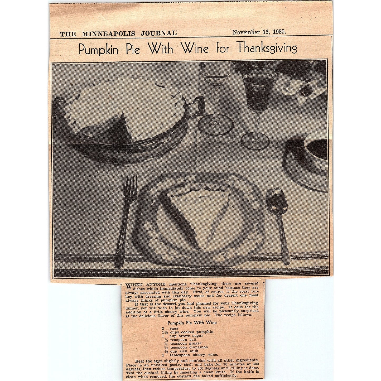 Pumpkin Pie With Wine Thanksgiving Recipe 1935 Newspaper Article AG6-H2