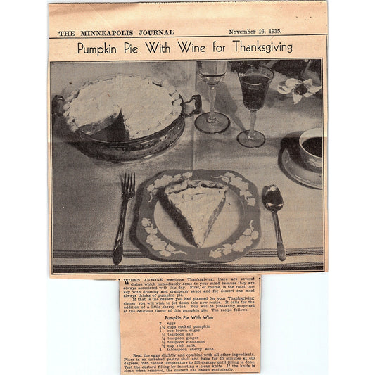 Pumpkin Pie With Wine Thanksgiving Recipe 1935 Newspaper Article AG6-H2