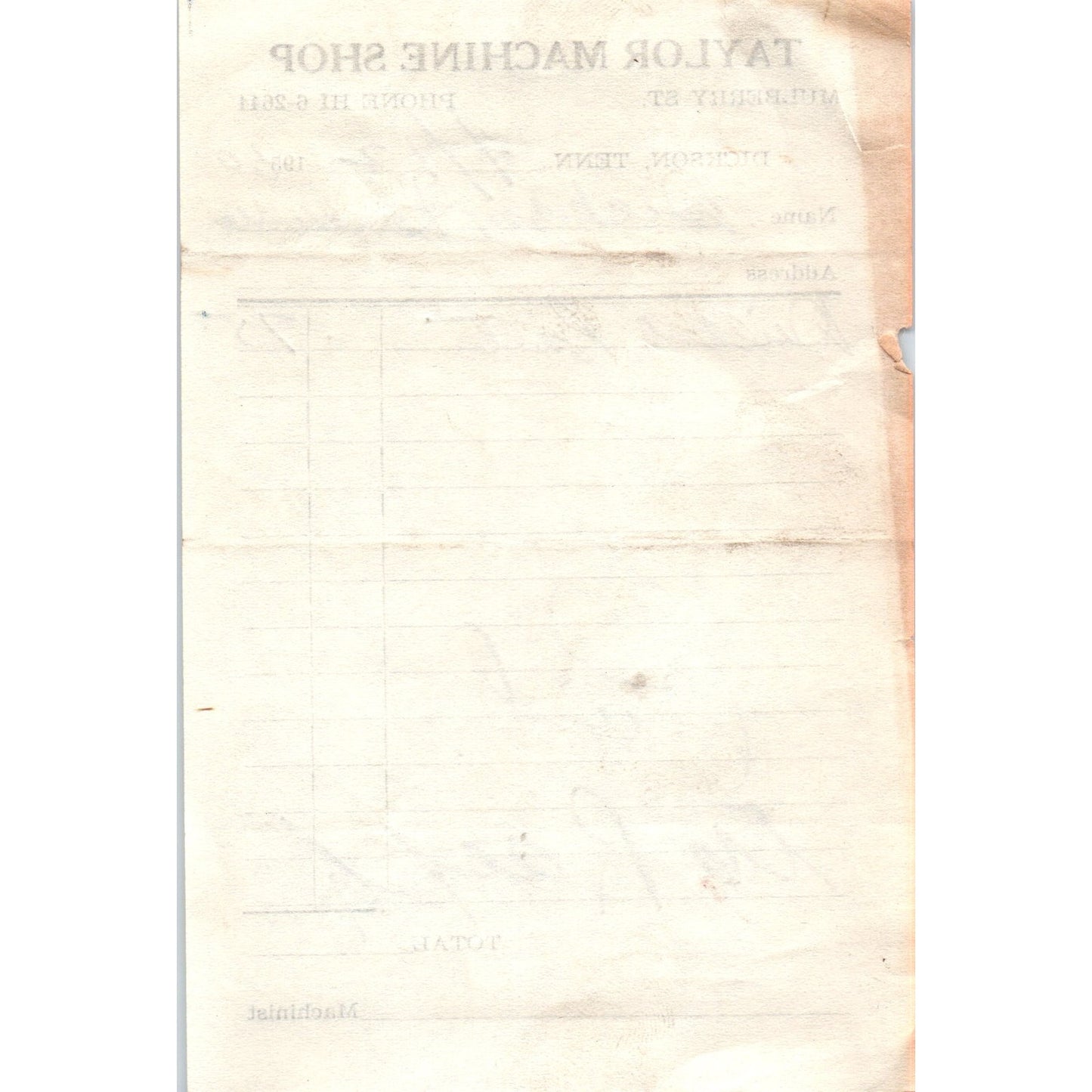 1960 Taylor Machine Shop Mulberry St. Dickson TN Letterhead Receipt D18