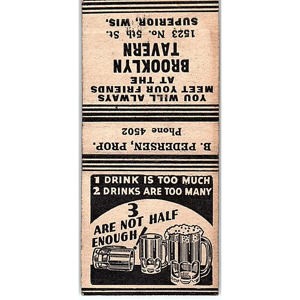 Brooklyn Tavern B. Pedersen Superior WI Vintage Matchbook Cover SC7-Y2