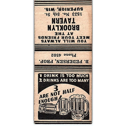 Brooklyn Tavern B. Pedersen Superior WI Vintage Matchbook Cover SC7-Y2