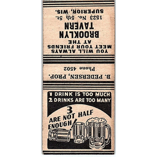 Brooklyn Tavern B. Pedersen Superior WI Vintage Matchbook Cover SC7-Y2