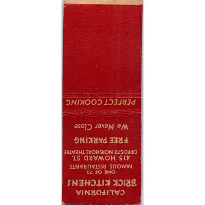 California Brick Kitchens 415 Howard Street Vintage Matchbook Cover SF4-Y5
