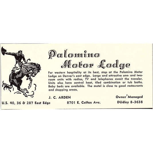Palomino Motor Lodge J.C. Arden Denver CO 1958 Ad AG1-M1