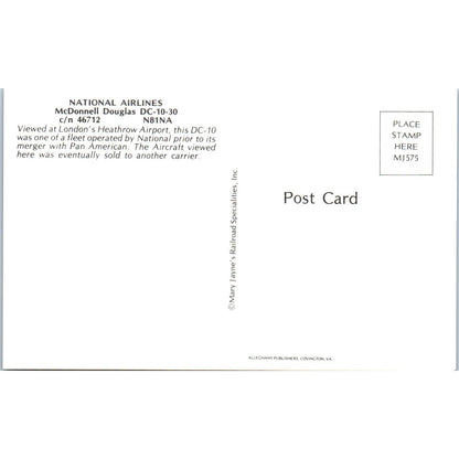 National Airlines McDonnell Douglas DC-10-30 Vintage Postcard TG8-PC