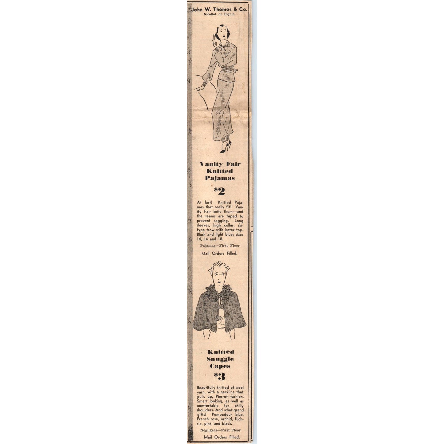 John W. Thomas Co Dept Store 2x13" 1935 Minneapolis Journal Advertisement D10