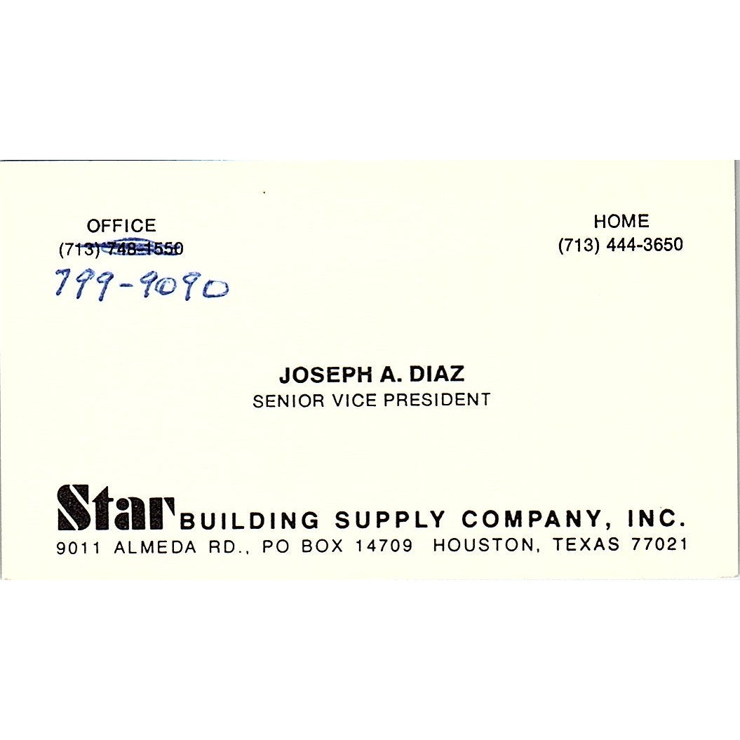 Star Building Supply Joseph A. Diaz Houston Texas Vintage Business Card SB4-B11