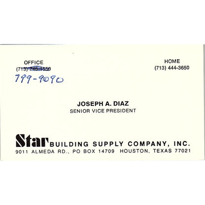 Star Building Supply Joseph A. Diaz Houston Texas Vintage Business Card SB4-B11