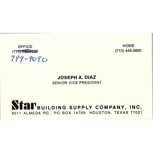 Star Building Supply Joseph A. Diaz Houston Texas Vintage Business Card SB4-B11