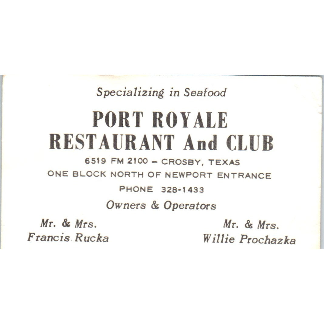 Port Royale Restaurant Francis Rucka Willie Prochazka Crosby Card SD8-B7