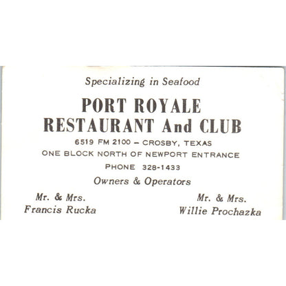 Port Royale Restaurant Francis Rucka Willie Prochazka Crosby Card SD8-B7