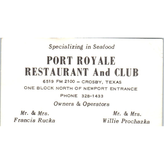 Port Royale Restaurant Francis Rucka Willie Prochazka Crosby Card SD8-B7