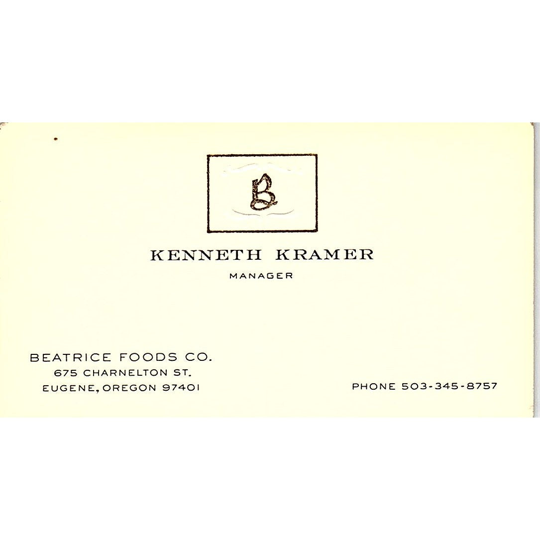 Kenneth Kramer Beatrice Foods Co Eugene OR Vintage Business Card SD9-B8