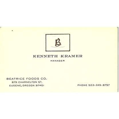 Kenneth Kramer Beatrice Foods Co Eugene OR Vintage Business Card SD9-B8