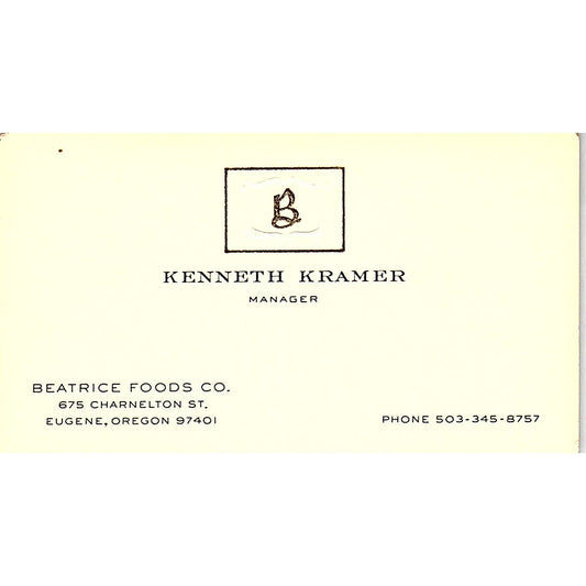 Kenneth Kramer Beatrice Foods Co Eugene OR Vintage Business Card SD9-B8