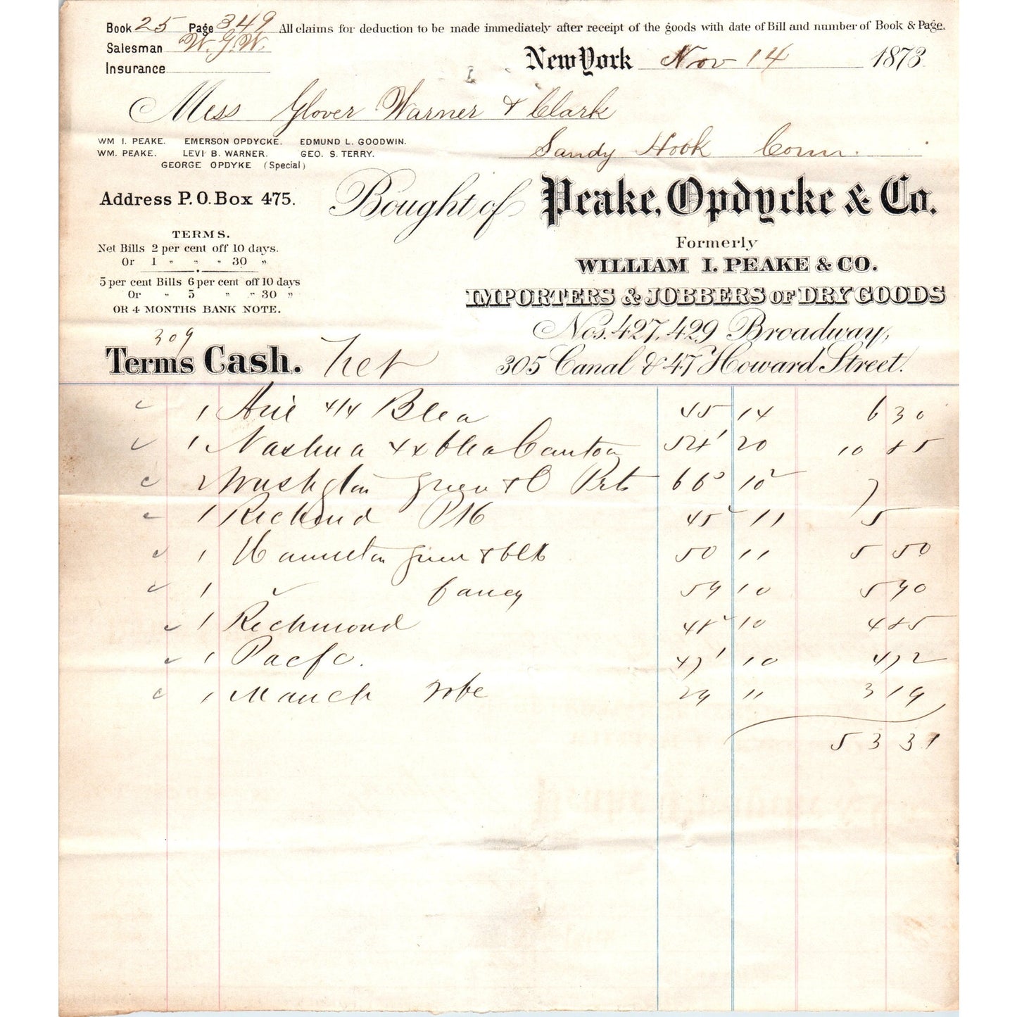 1873 Peake, Opdycke & Co Dry Goods New York Receipt Letterhead D24