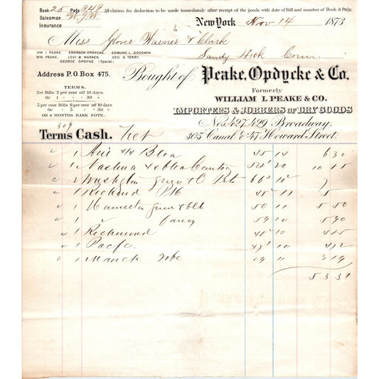 1873 Peake, Opdycke & Co Dry Goods New York Receipt Letterhead D24