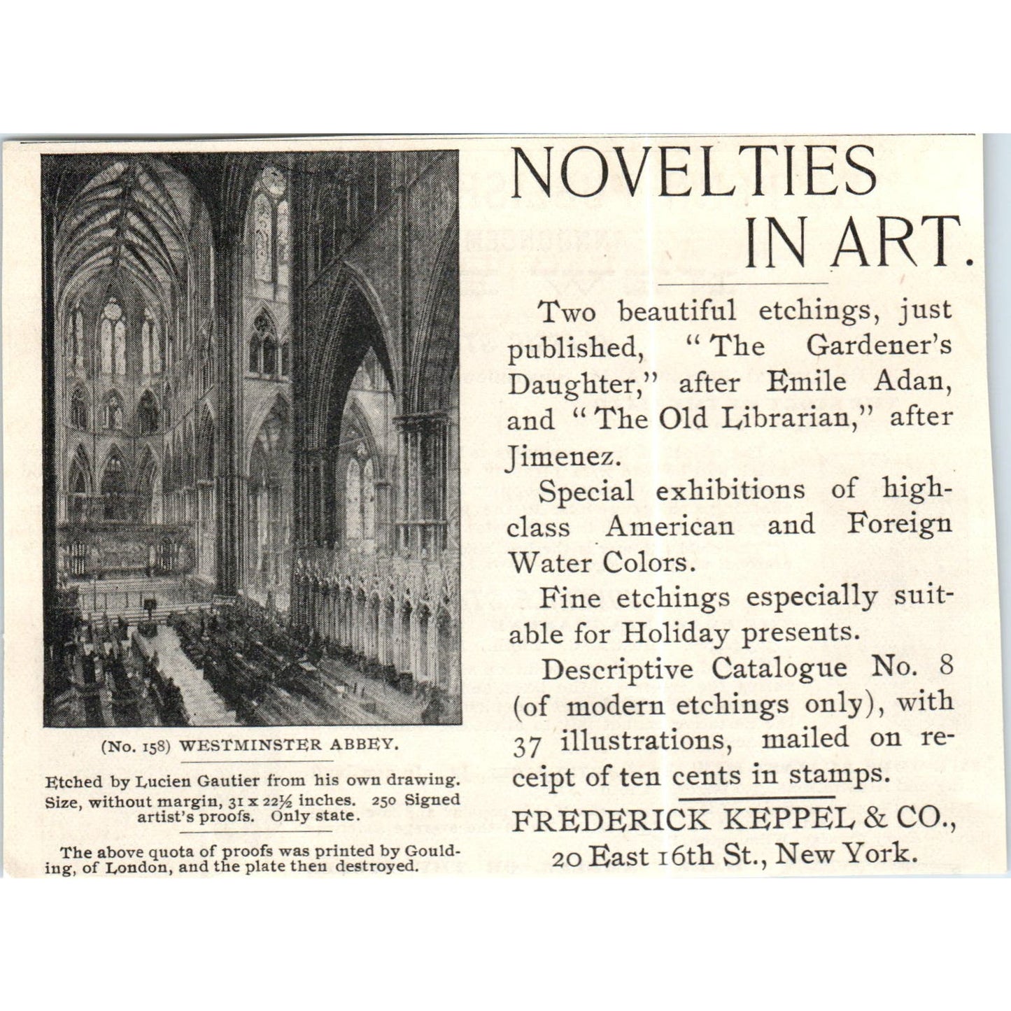 Novelties in Art Etchings Frederick Keppel & Co NY c1890 Victorian Ad AE8-CH1