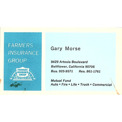 Farmers Insurance Group Gary Morse Bellflower CA Vintage Business Card SB4-B3