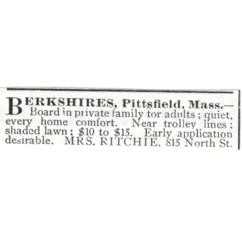 Berkshires Boarding House Pittsfield MA Mrs. Ritchie c1918 Advertisement AE5-SV2