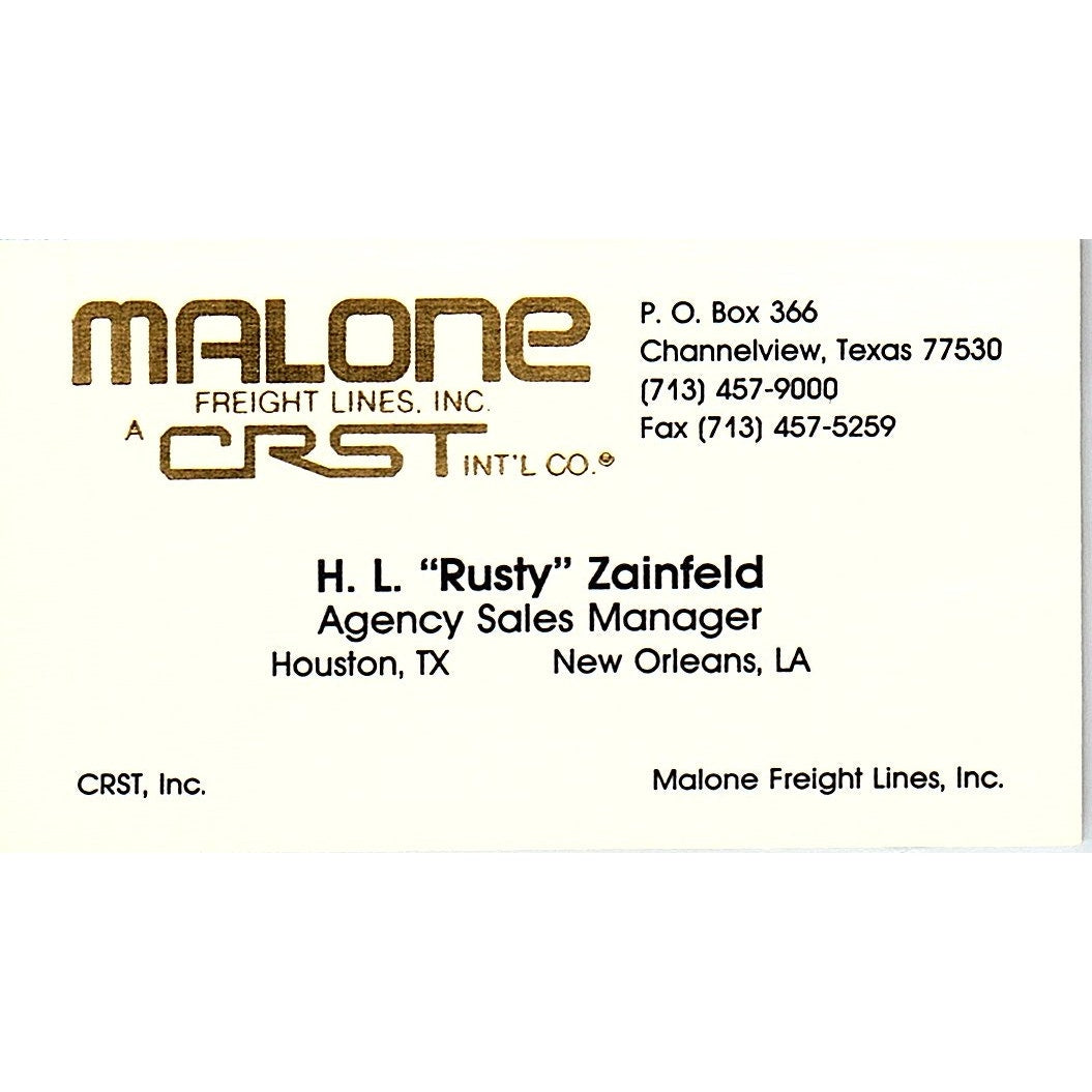 H.L. Rusty Zainfield Malone Freight Lines New Orleans Vtg Business Card SC9-B2
