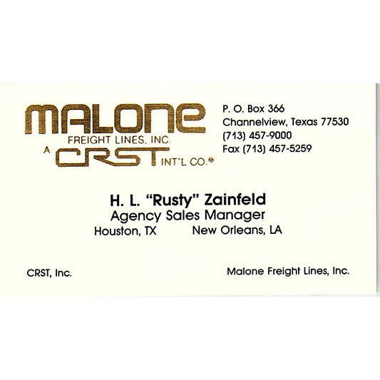 H.L. Rusty Zainfield Malone Freight Lines New Orleans Vtg Business Card SC9-B2