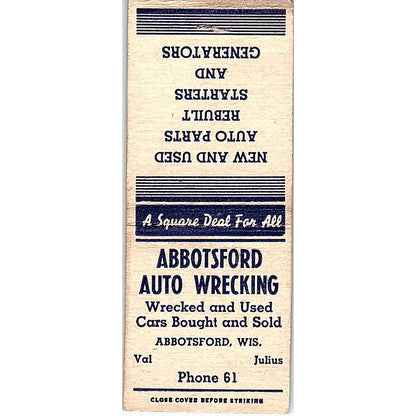 Abbotsford Auto Wrecking Val & Julius WI Vintage Matchbook Cover SC7-Y9