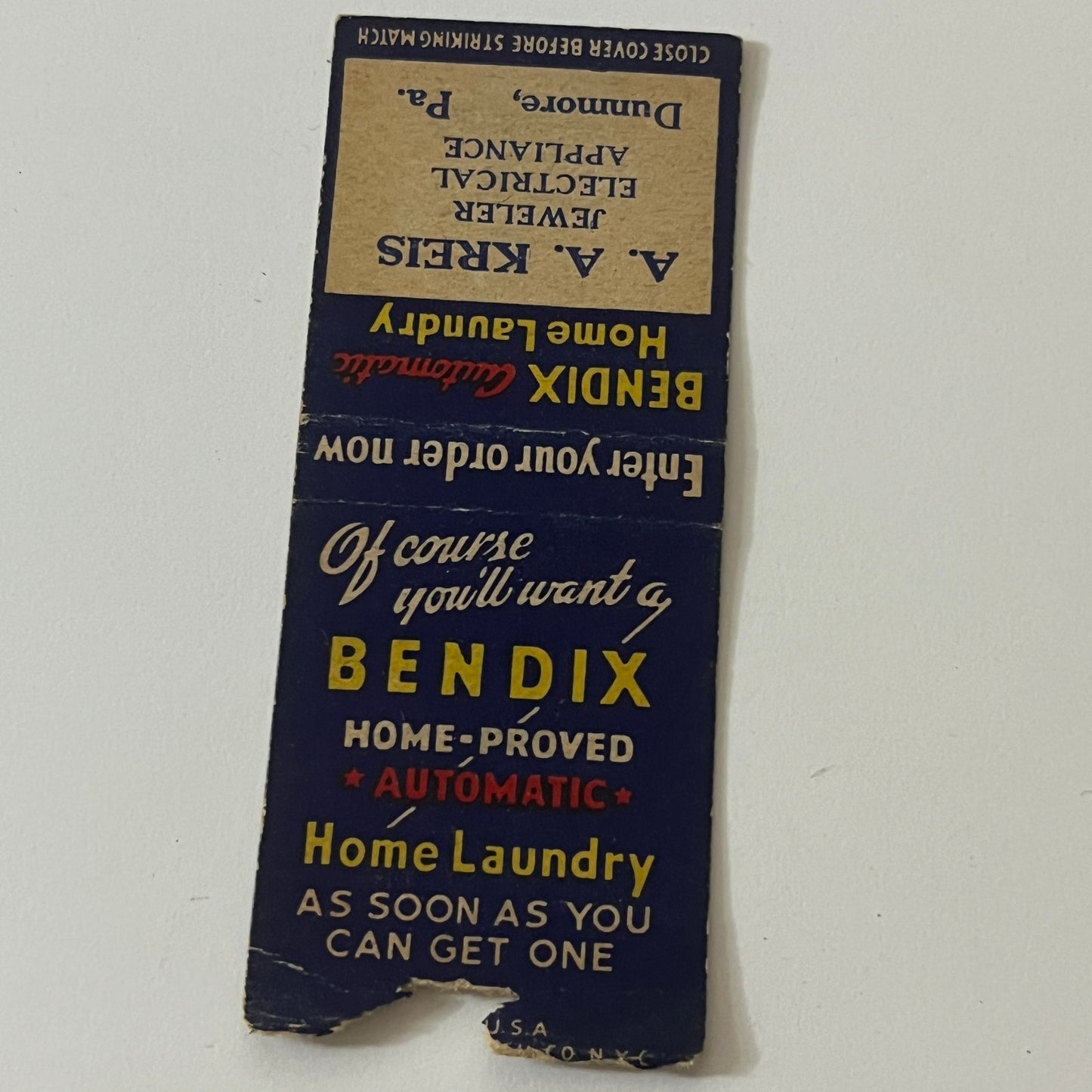 A.A. Kreis Jeweler Dunmore PA Vintage Matchbook TB6-MB2-11