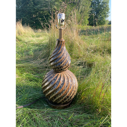 Tall Oversized MCM Style Brass Tone Tan/Brown Swirl Table Lamp