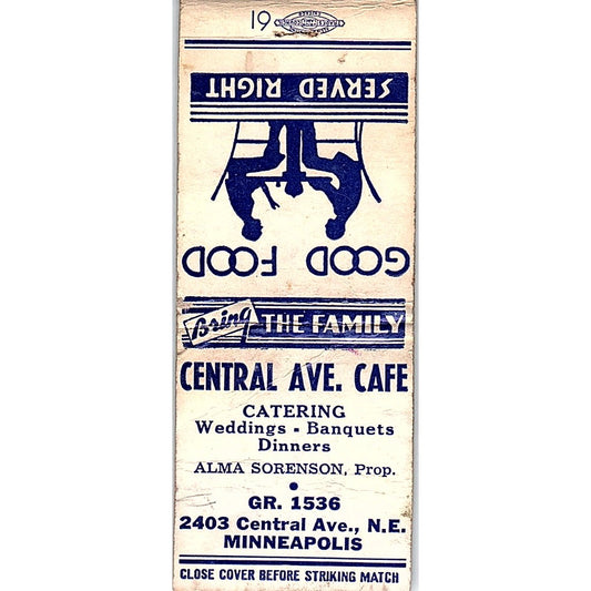 Central Ave. Cafe Catering Alma Sorenson Minneapolis Vtg Matchbook Cover SF3-Y9