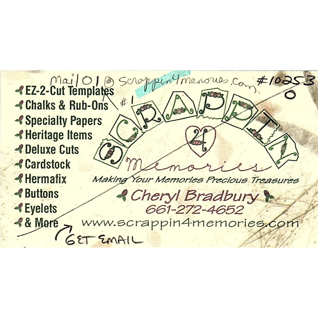 Scrappin 4 Memories Cheryl Bradbury Palmdale CA Vintage Business Card SC9-B9